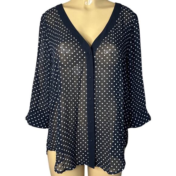 Torrid Black Sheer Button Up Top White Polka Dots Cropped Sleeves SZ 0 Large - Picture 1 of 9